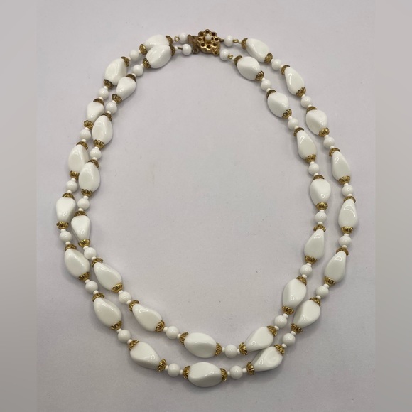 Vintage Jewelry - Vintage Double Strand Gold Tone and Shiny White Opaque Beads Necklace